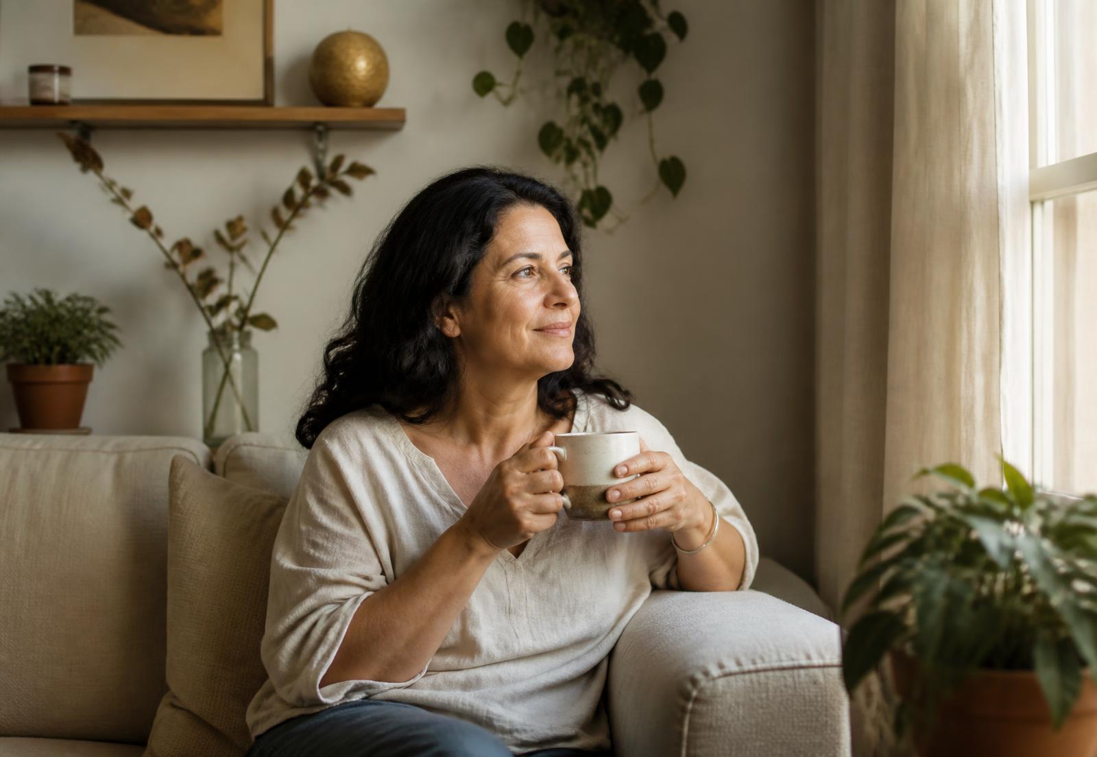 Mulher brasileira de cerca de 53 anos sentada no sofá de casa tomando café e olhando pela janela, tranquila